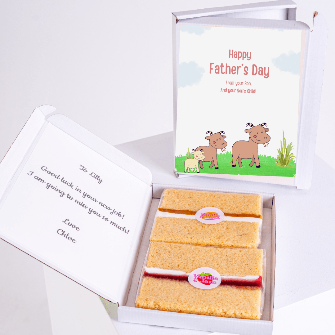 Father’s Day gift box from son with cake card and cake slices