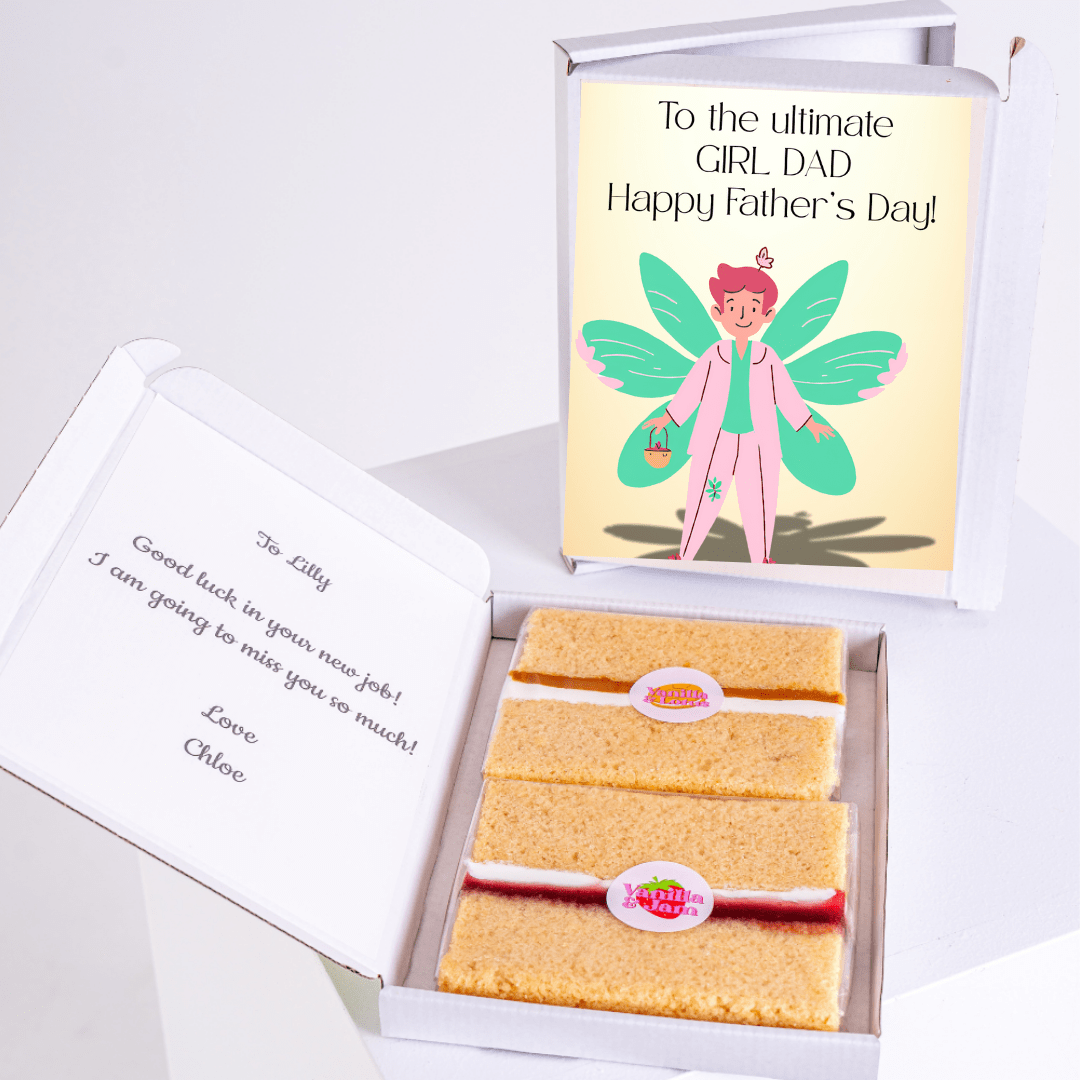 Father’s Day gift box with girl dad cake card and cake slices