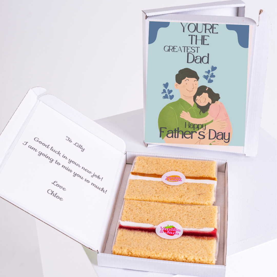 Father’s Day gift box with greatest dad cake card and cake slices