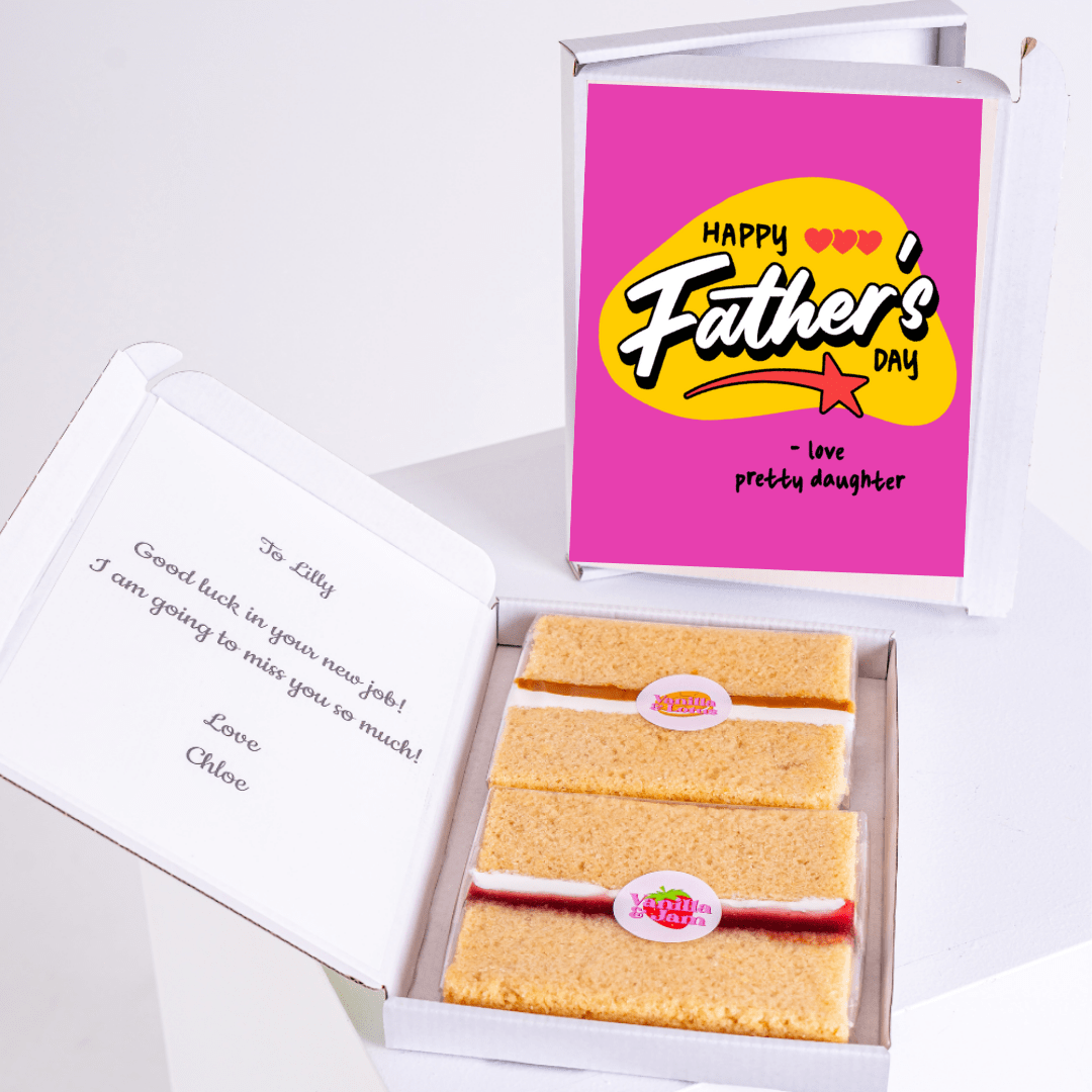 Father’s Day gift box with pretty daughter cake card and cake slices