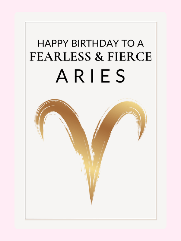 Minimalist Aries birthday card with gold Aries zodiac symbol and bold black typography on neutral background