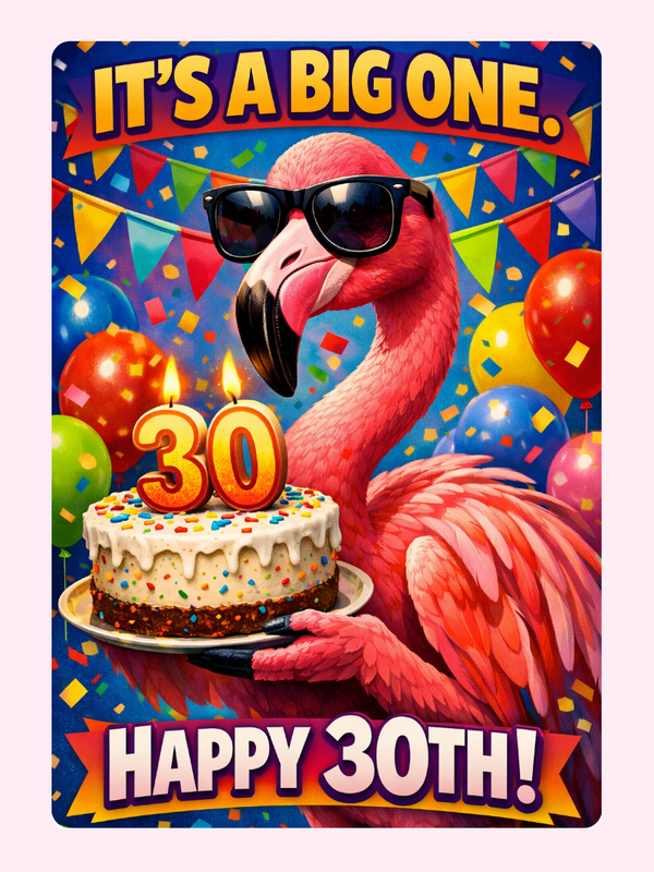 funny flamingo 30th birthday card with cake