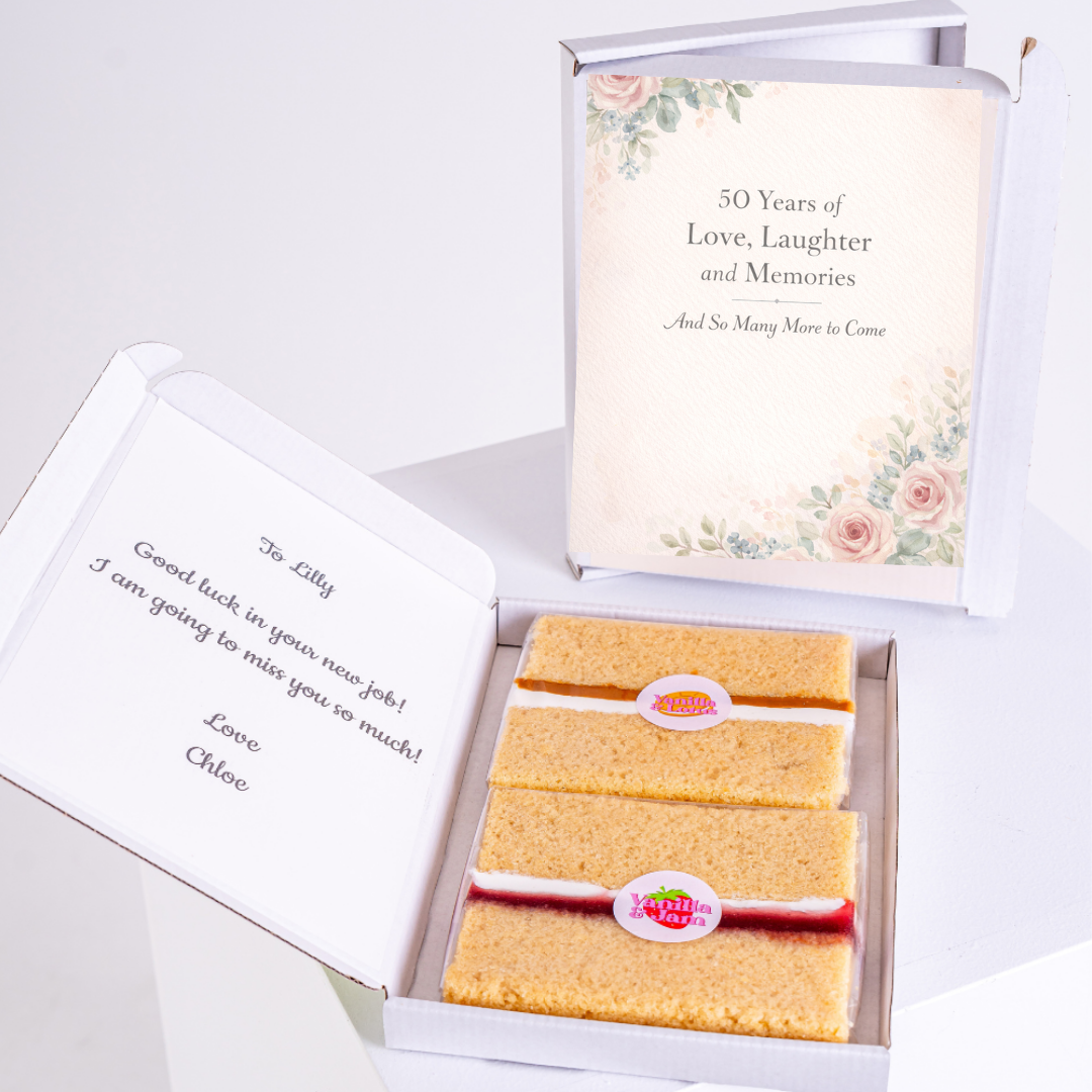 floral 50th birthday cake card with sponge slices in gift box