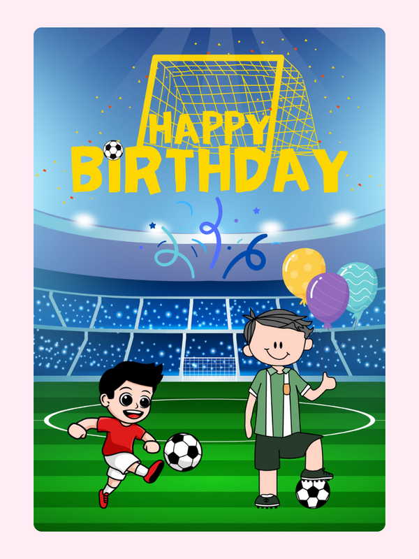 kids football birthday card with stadium scene, cartoon boys playing soccer with balloons and happy birthday text in goal net design