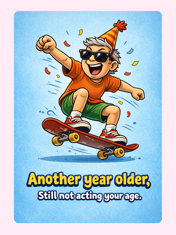 Funny birthday card with man on skateboard saying another year older still not acting your age