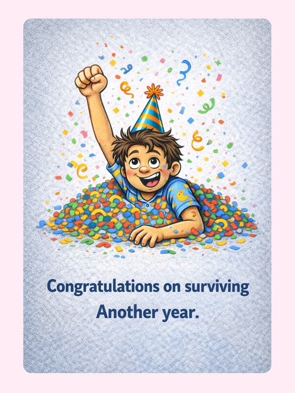 Humorous birthday card with party boy in confetti saying congratulations on surviving another year