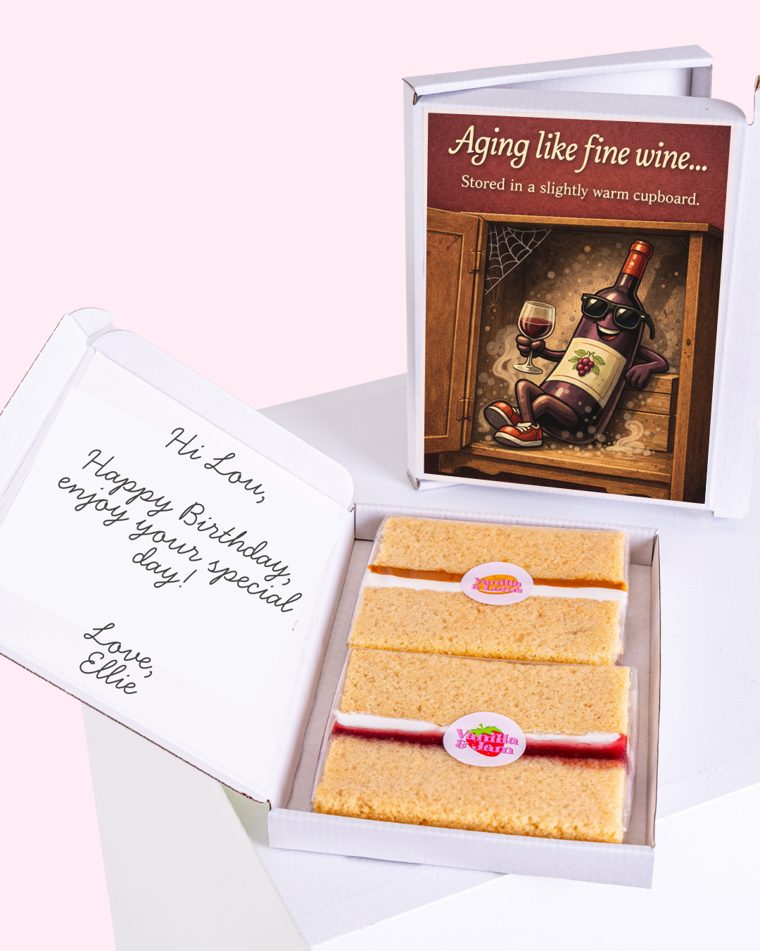 Birthday cake slice gift box with funny ageing like fine wine stored in a warm cupboard card