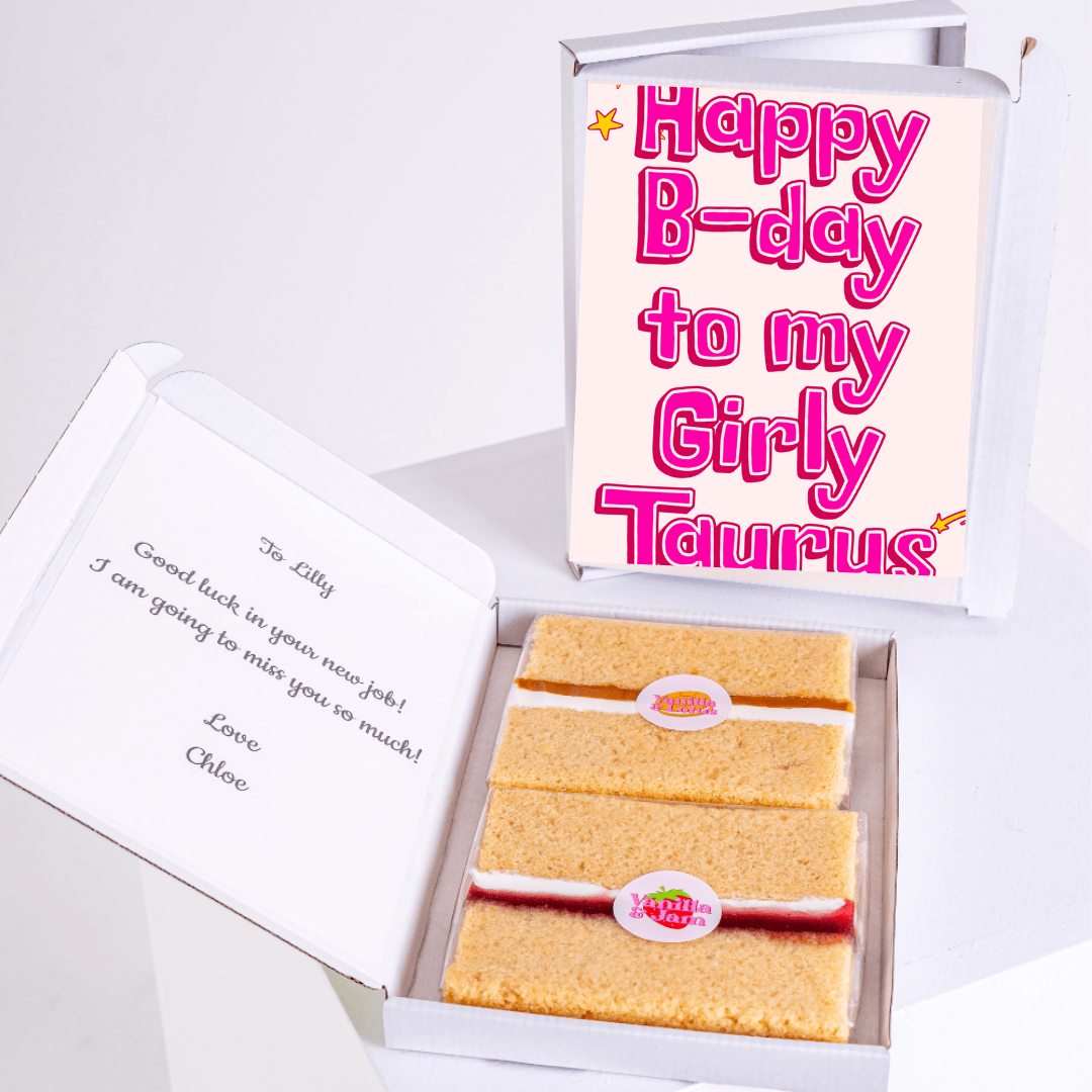 Taurus birthday cake gift box with girly pink text design