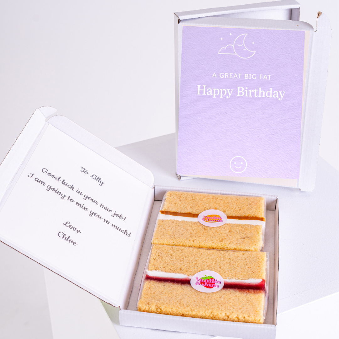 great big fat happy birthday cake card with personalised message and vanilla sponge slices letterbox gift UK