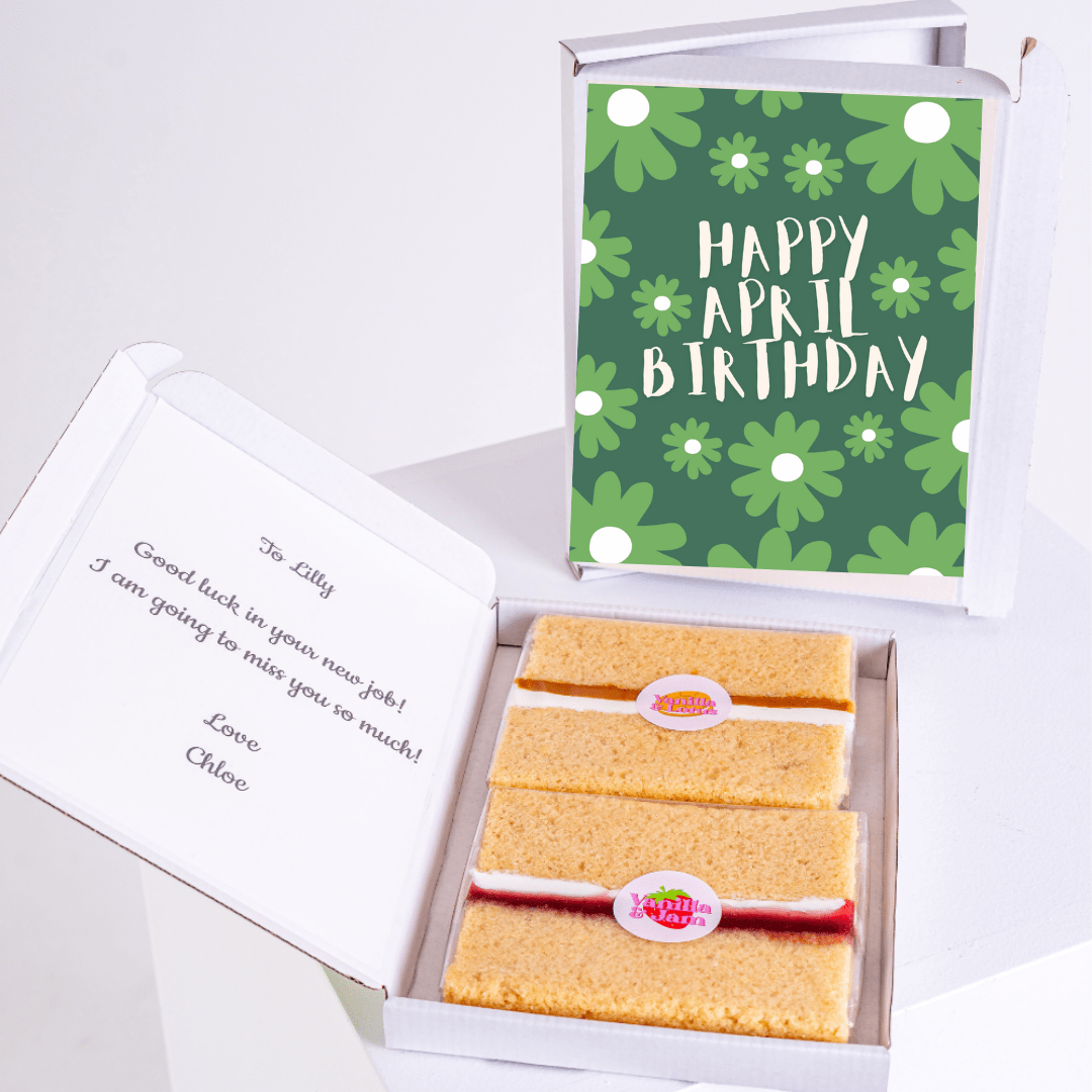 April birthday cake gift box with playful green floral pattern and hand-lettered birthday message