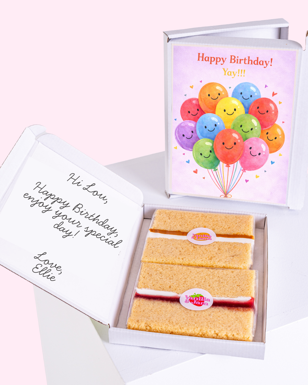 birthday cake card gift box with colorful smiling balloon design and yay message, letterbox cake slices inside