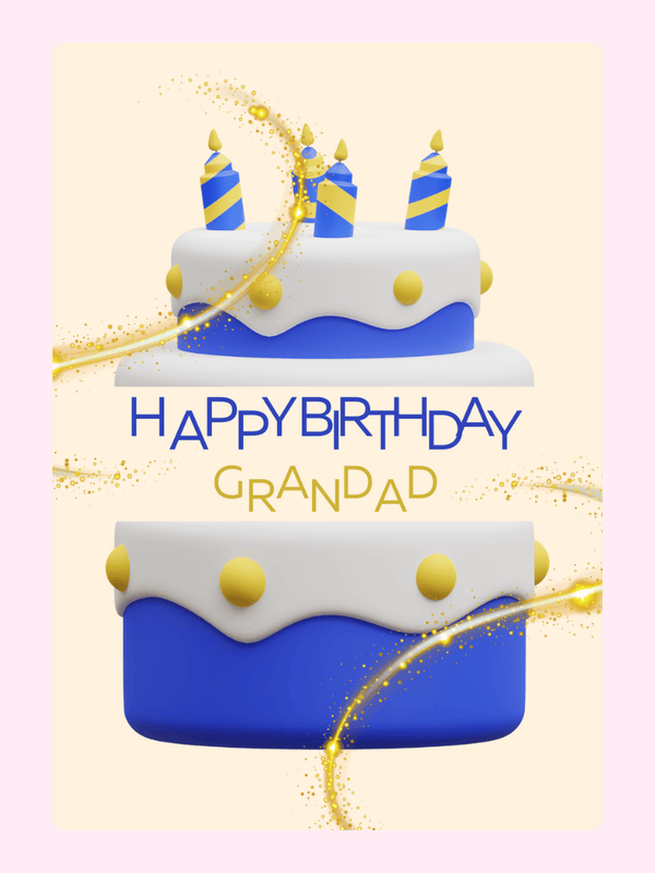 Happy Birthday Grandad card design with blue and gold birthday cake illustration