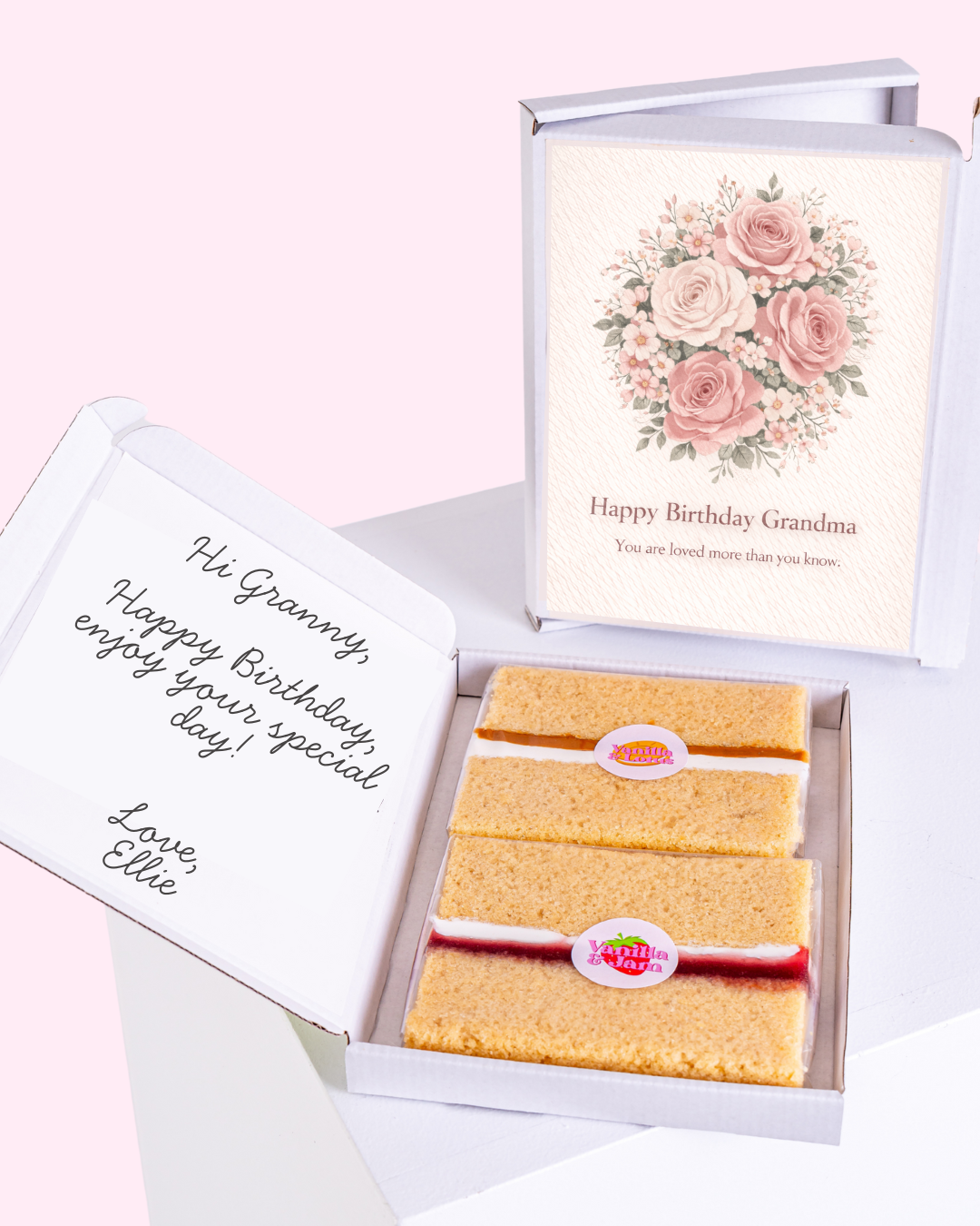 Happy Birthday Grandma cake card gift box with personalised message and sponge cake slices