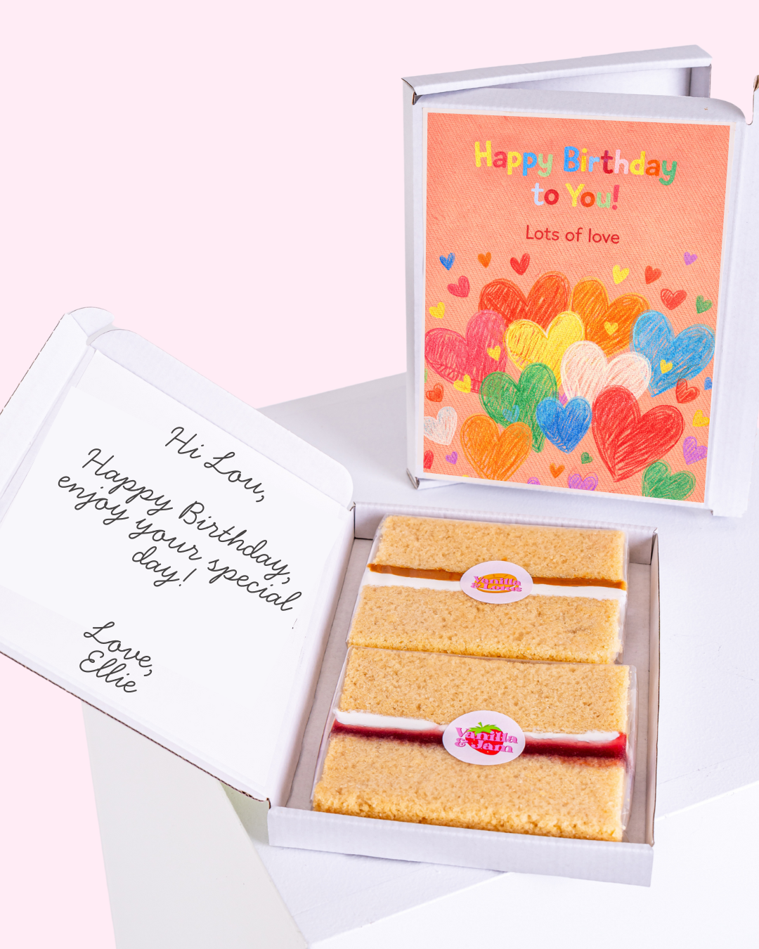 birthday cake card gift box with personalised message and colorful heart design card, letterbox cake slices inside