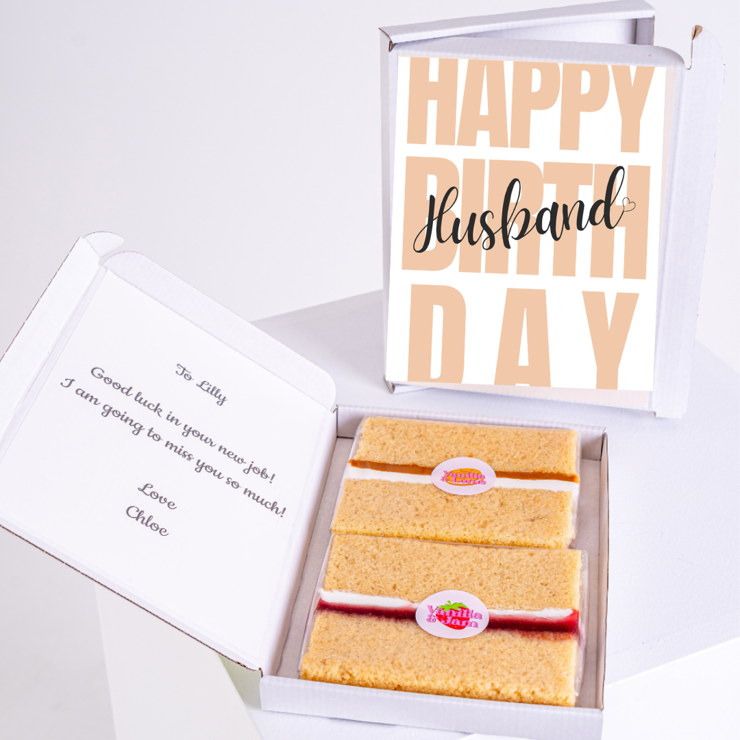 Happy birthday cake gift box for husband with modern typography card