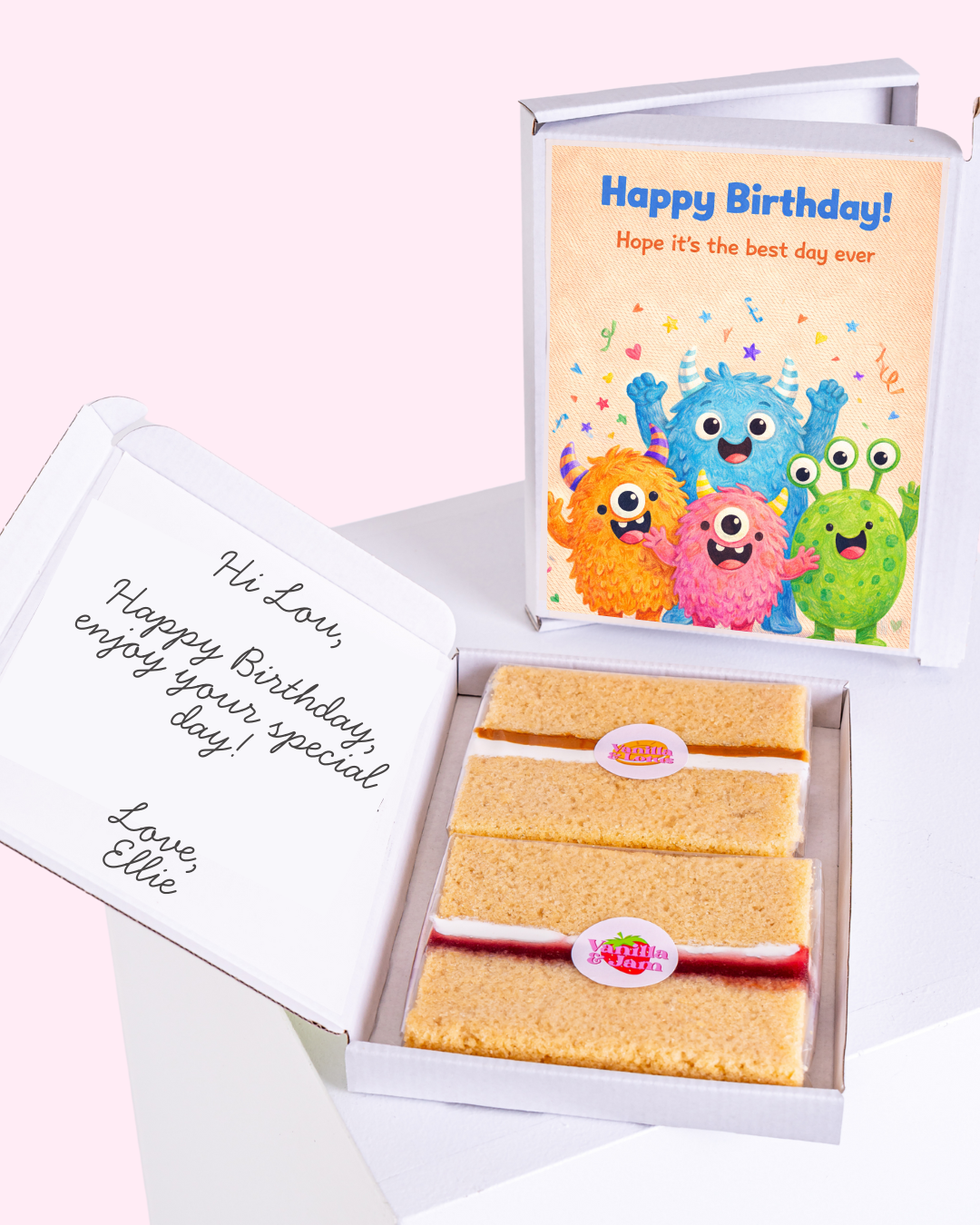 birthday cake card gift box with cute colorful monster design and best day ever message, letterbox cake slices inside