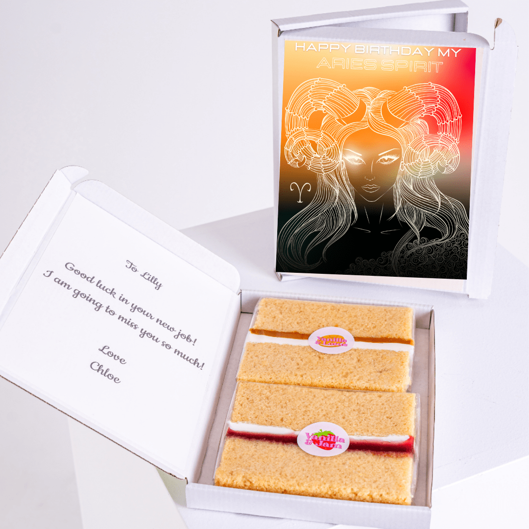 Aries birthday cake gift box with glowing Aries woman illustration and horoscope inspired birthday design