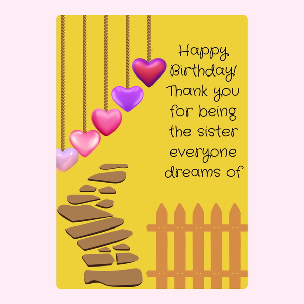 Happy Birthday sister card with hanging hearts illustration