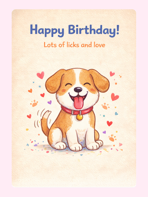Cute smiling dog on happy birthday greeting card with love message