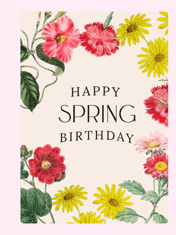 Elegant Happy Spring Birthday greeting card with vintage botanical flowers and seasonal floral design