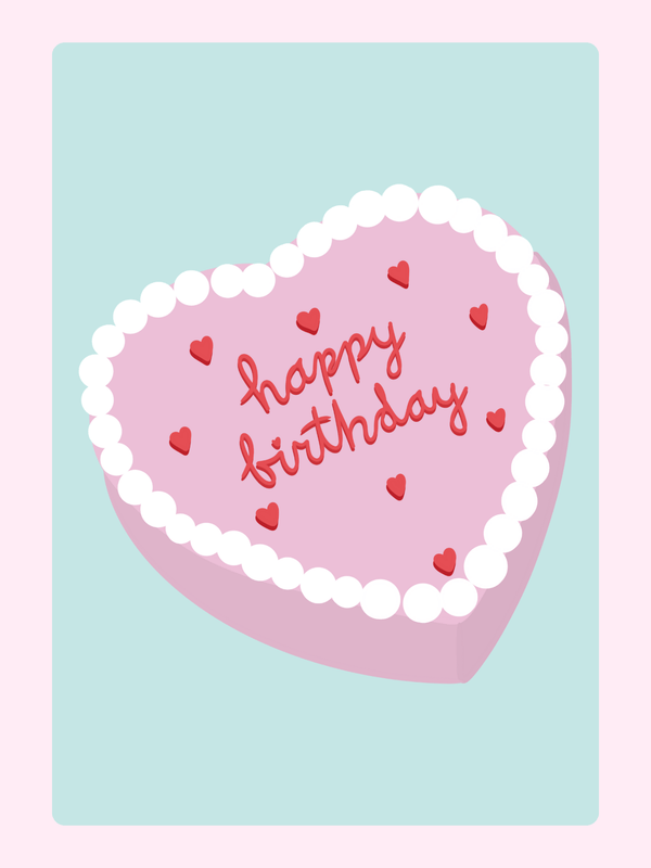 Heart-shaped happy birthday cake illustration with pink frosting and heart-shaped sprinkles