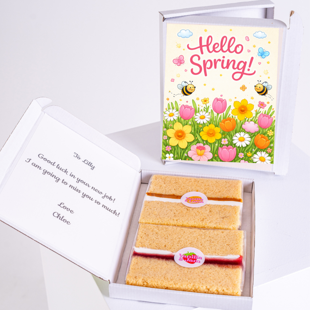 Hello Spring cake gift box with colourful spring flowers, bees and pastel seasonal greeting design