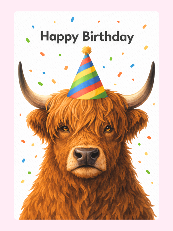 happy birthday card with highland cow wearing colorful party hat and confetti