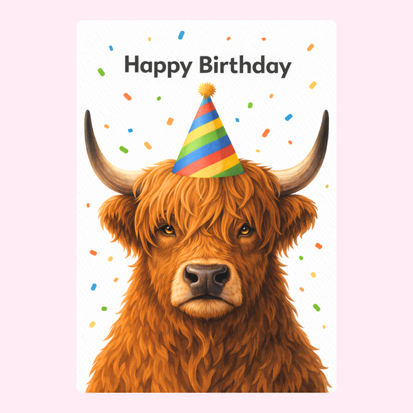 happy birthday card with highland cow wearing colorful party hat and confetti