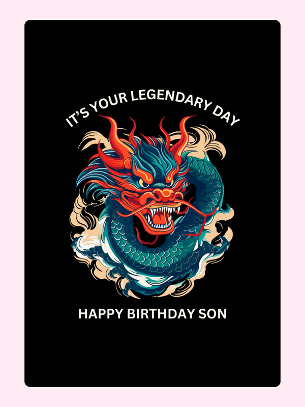 dragon illustration happy birthday son card with bold black background