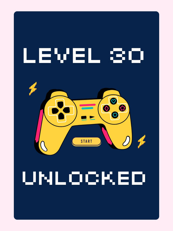 level 30 unlocked gaming birthday card with controller illustration on dark blue background