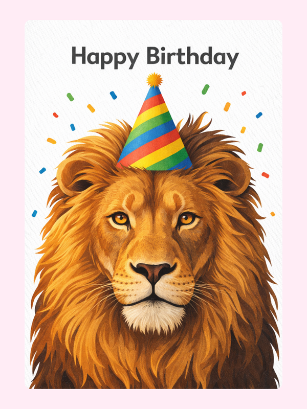 Lion wearing party hat birthday card