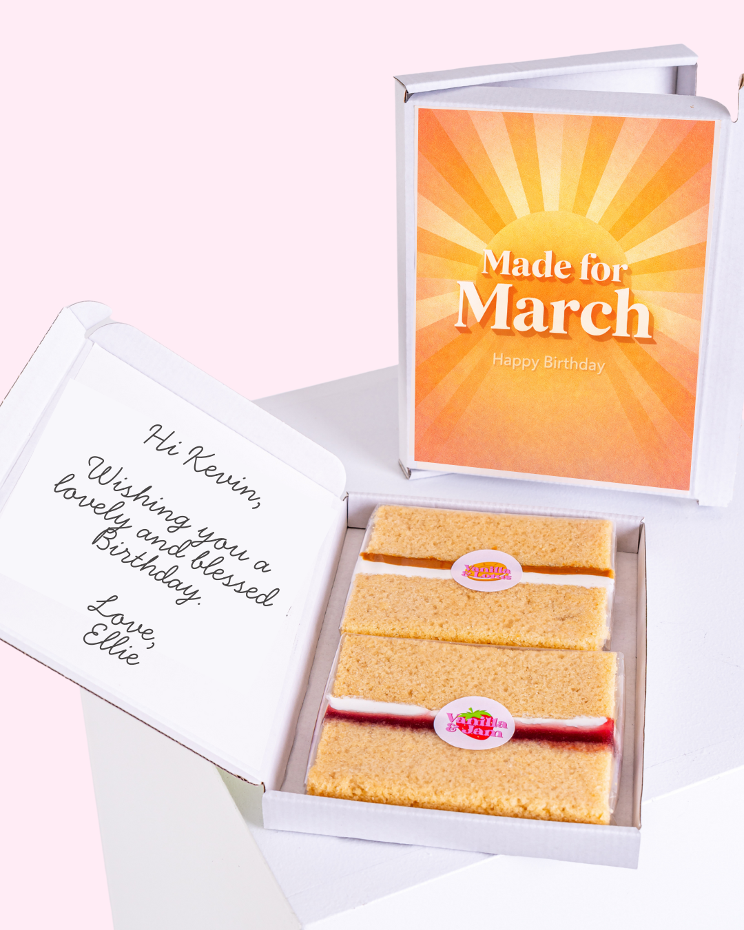 Made for March edible birthday cake gift box with personalised message card and vanilla sponge cake slices
