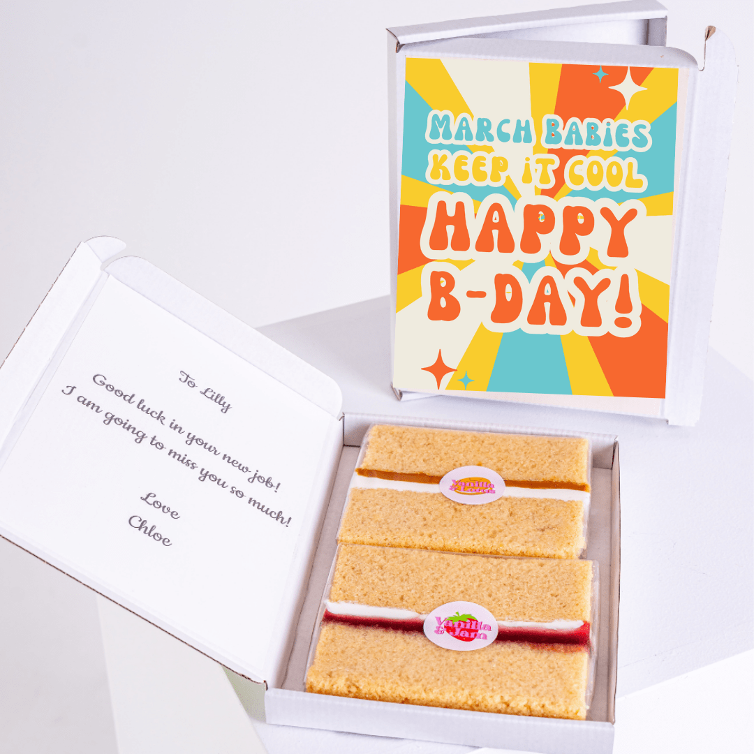 March Babies Keep It Cool Happy B-Day cake gift with personalised message and sponge cake slices
