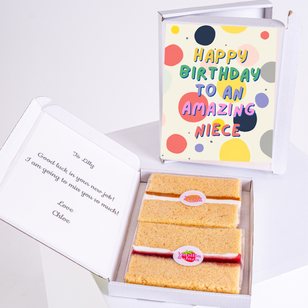 Happy birthday to an amazing niece letterbox cake gift with colorful polka dot design