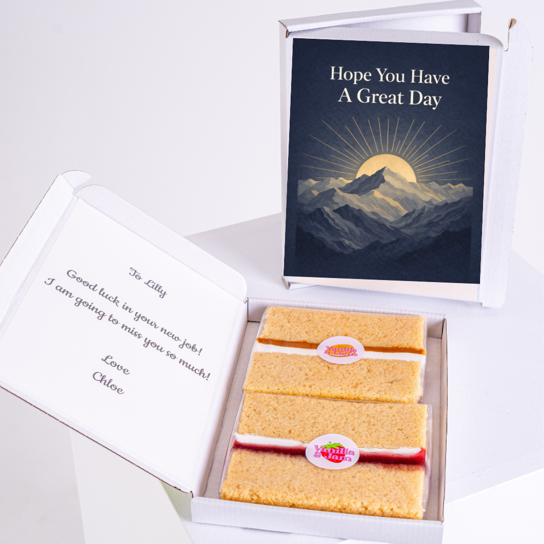 Mountain sunrise birthday card with cake slices gift box