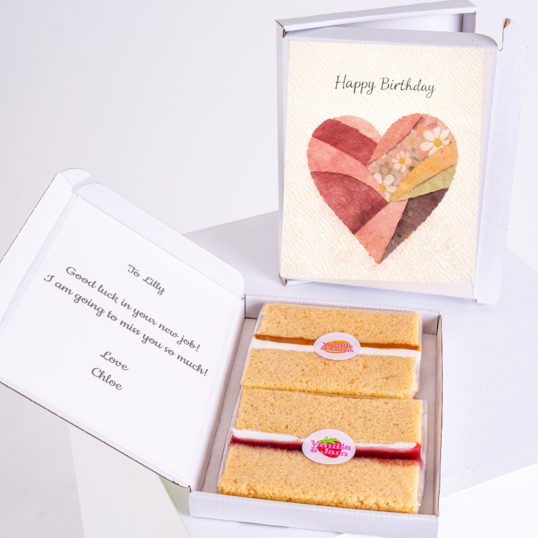Happy birthday cake card gift box with patchwork heart design