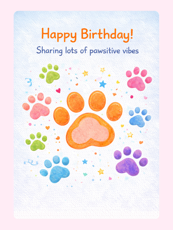 Colorful paw print happy birthday card with positive vibes message