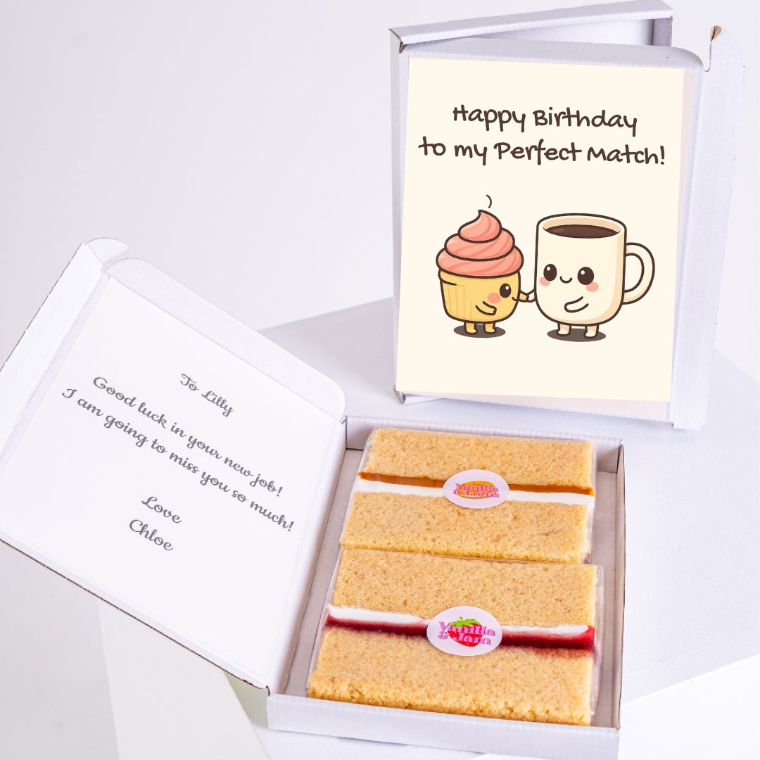 Birthday cake gift box with cute perfect match greeting card design