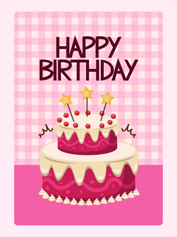 Pink birthday card with a two-layer cake and stars on top