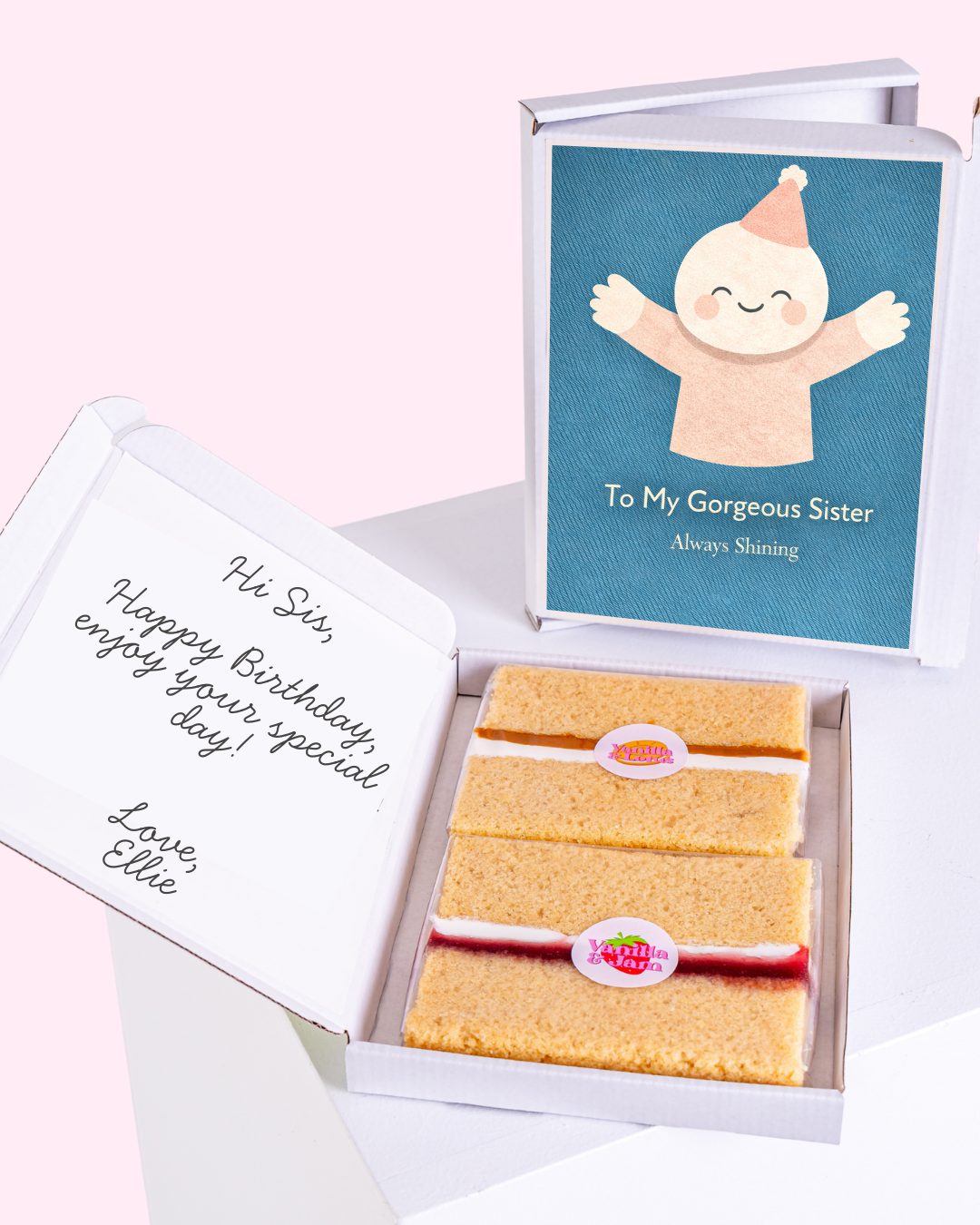 Personalised birthday gift box for sister with cake and message card