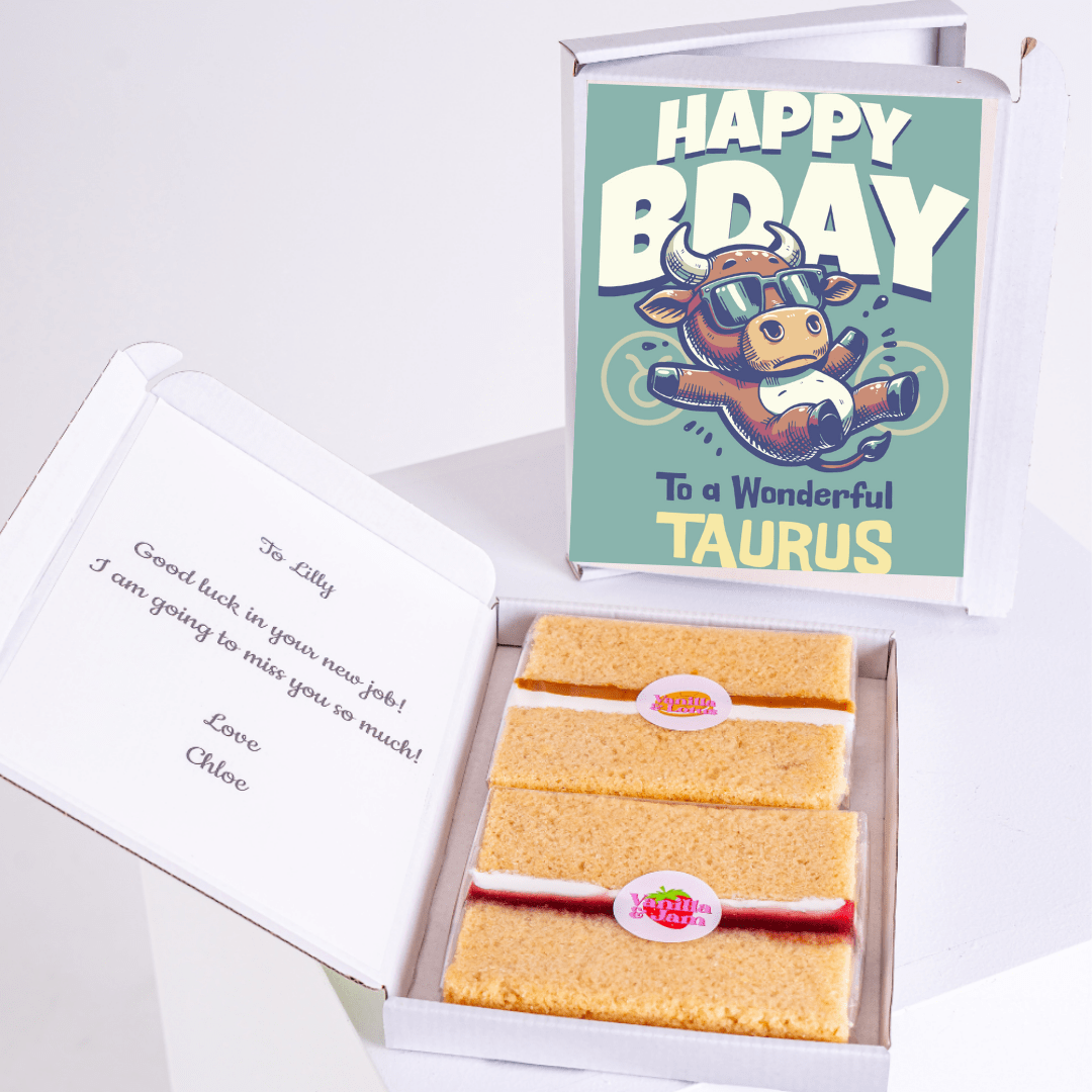 Taurus birthday cake gift box with cool cartoon bull illustration and Happy BDay zodiac design