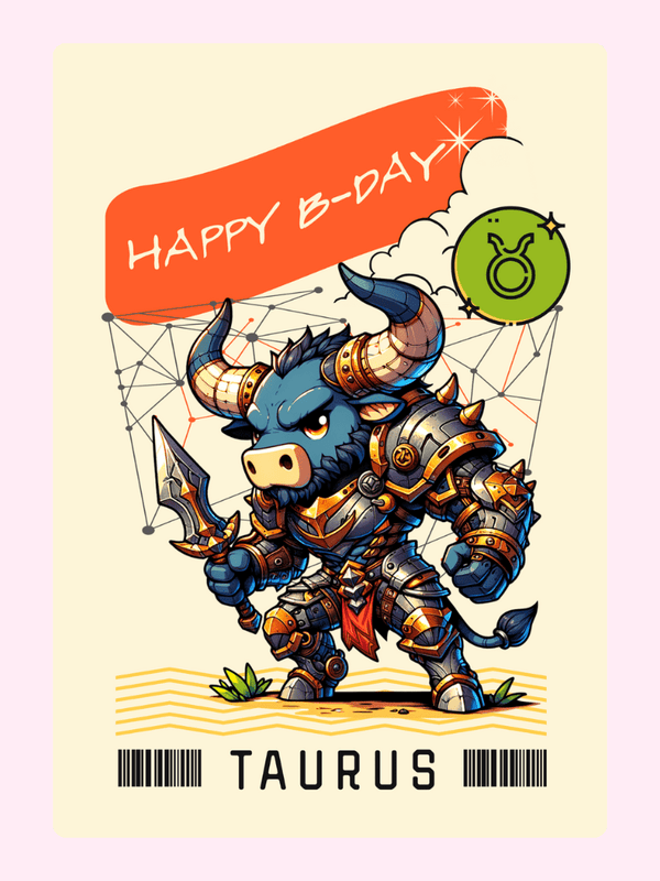 Taurus birthday card design with fantasy bull warrior