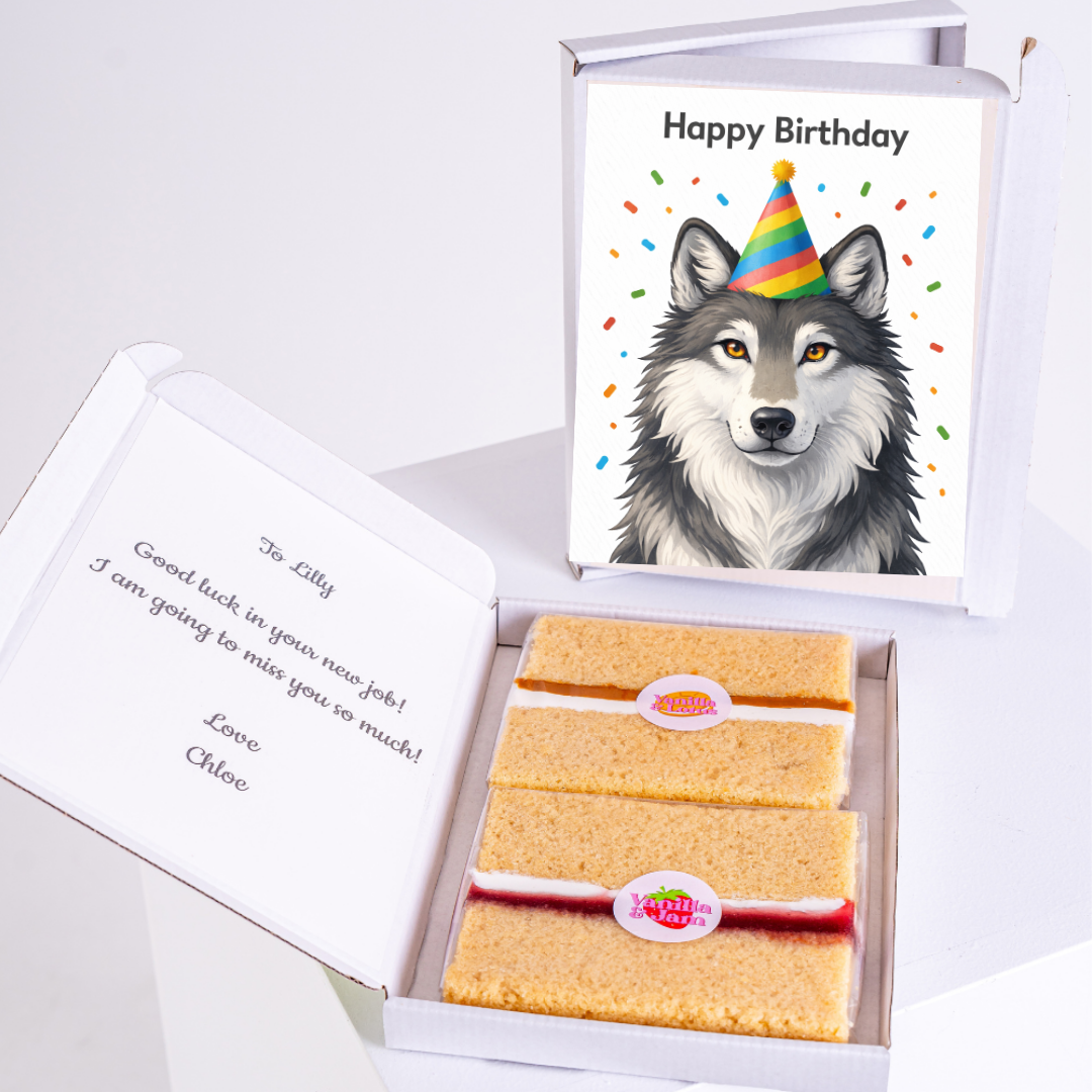 Wolf birthday card with cake slices gift box