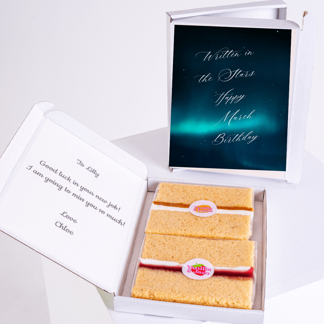 Written in the Stars happy March birthday edible cake gift box with personalised message and vanilla sponge cake slices