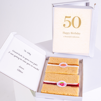 elegant 50th birthday cake card with sponge slices in box