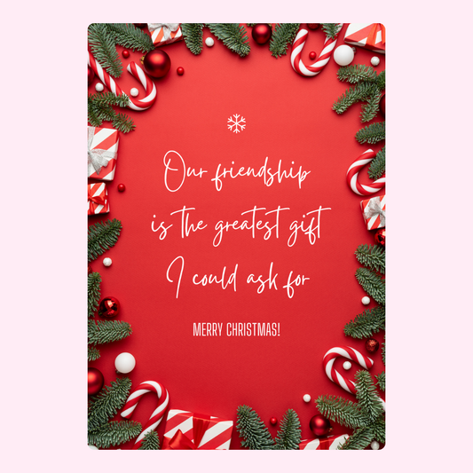 Red Christmas card with decorations and text.