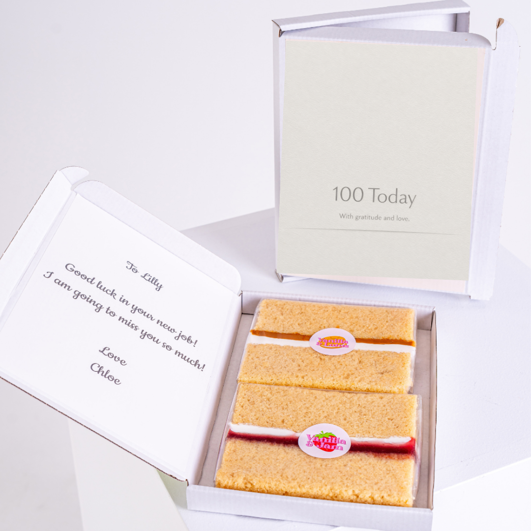 100th birthday cake card gift box with sponge cake slices and minimal elegant design