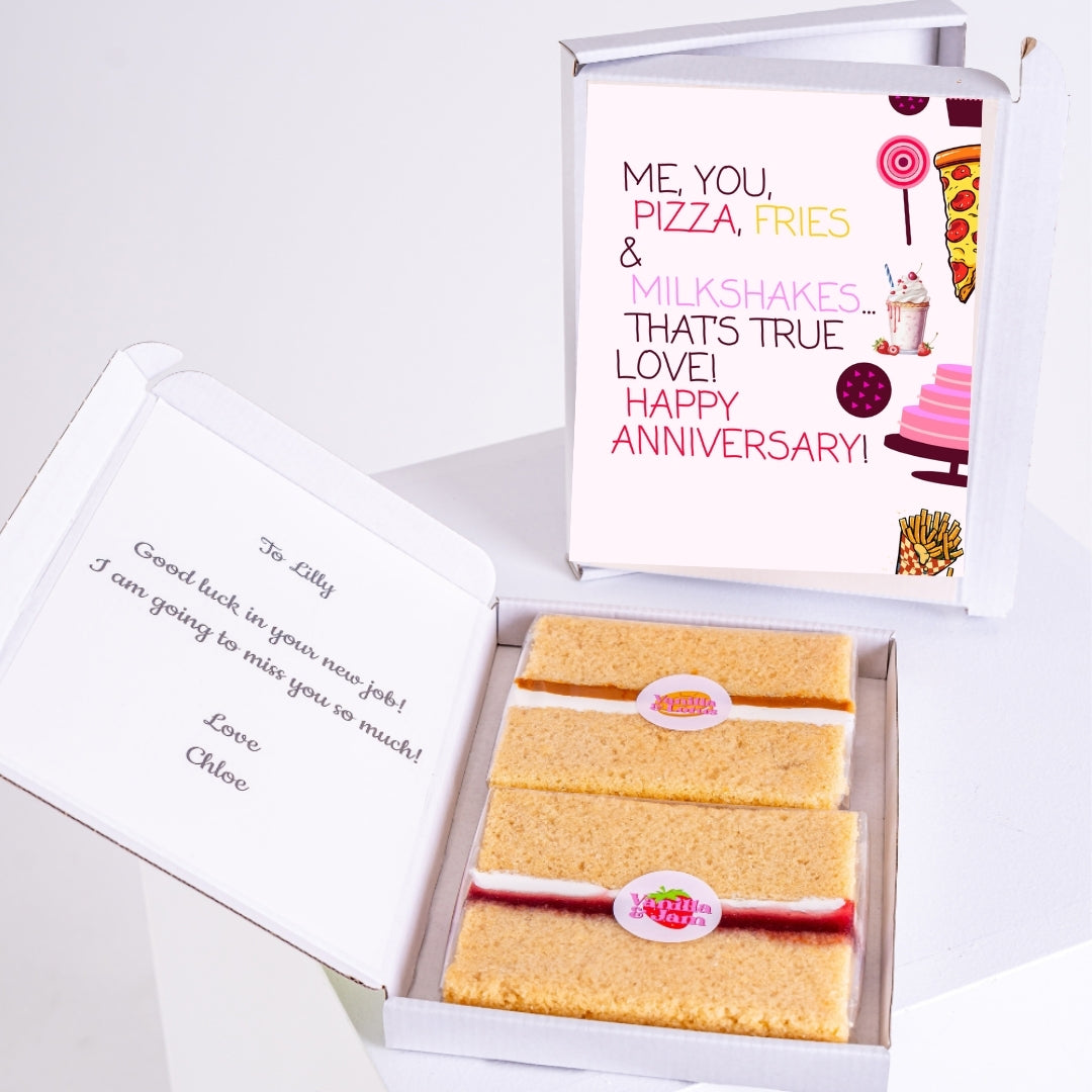 Letterbox anniversary gift with message and treat for girlfriend.