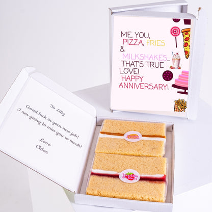 Letterbox anniversary gift with message and treat for girlfriend.