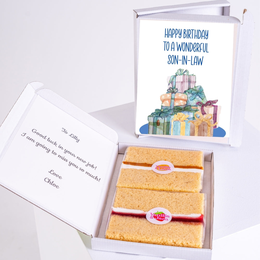 Letterbox cake gift with present-themed birthday design for son-in-law